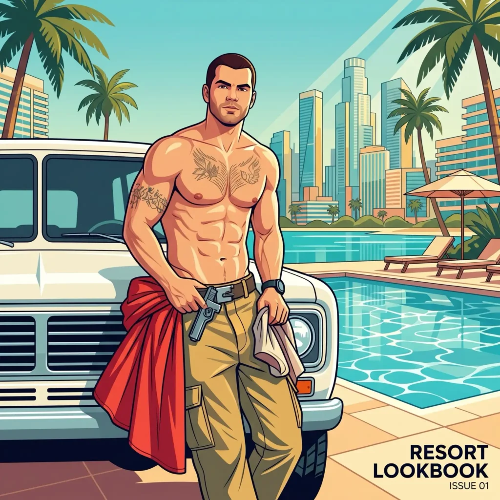 Shirtless Beefcake Models Kissing | Queer Couple Love Illustrations