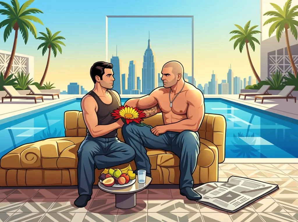 Shirtless Beefcake Models Kissing | Queer Couple Love Illustrations