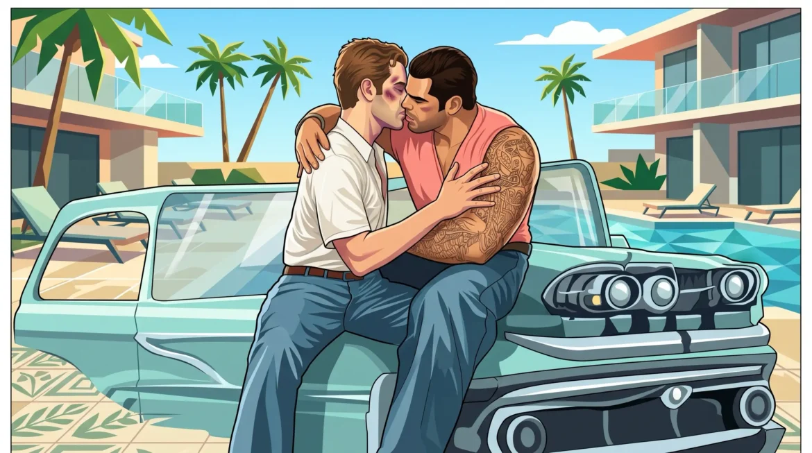 Shirtless Beefcake Models Kissing | Queer Couple Love Illustrations