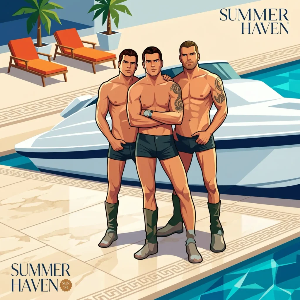 Shirtless Beefcake Models Kissing | Queer Couple Love Illustrations